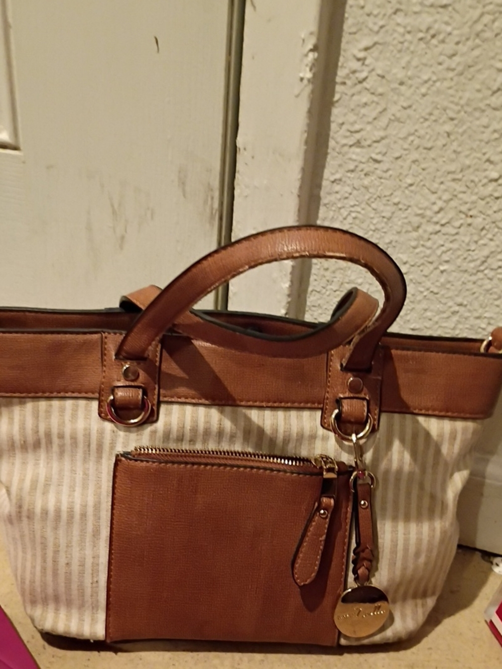 Women's Brown Canvas & Leather Tote Bag with Front Pocket